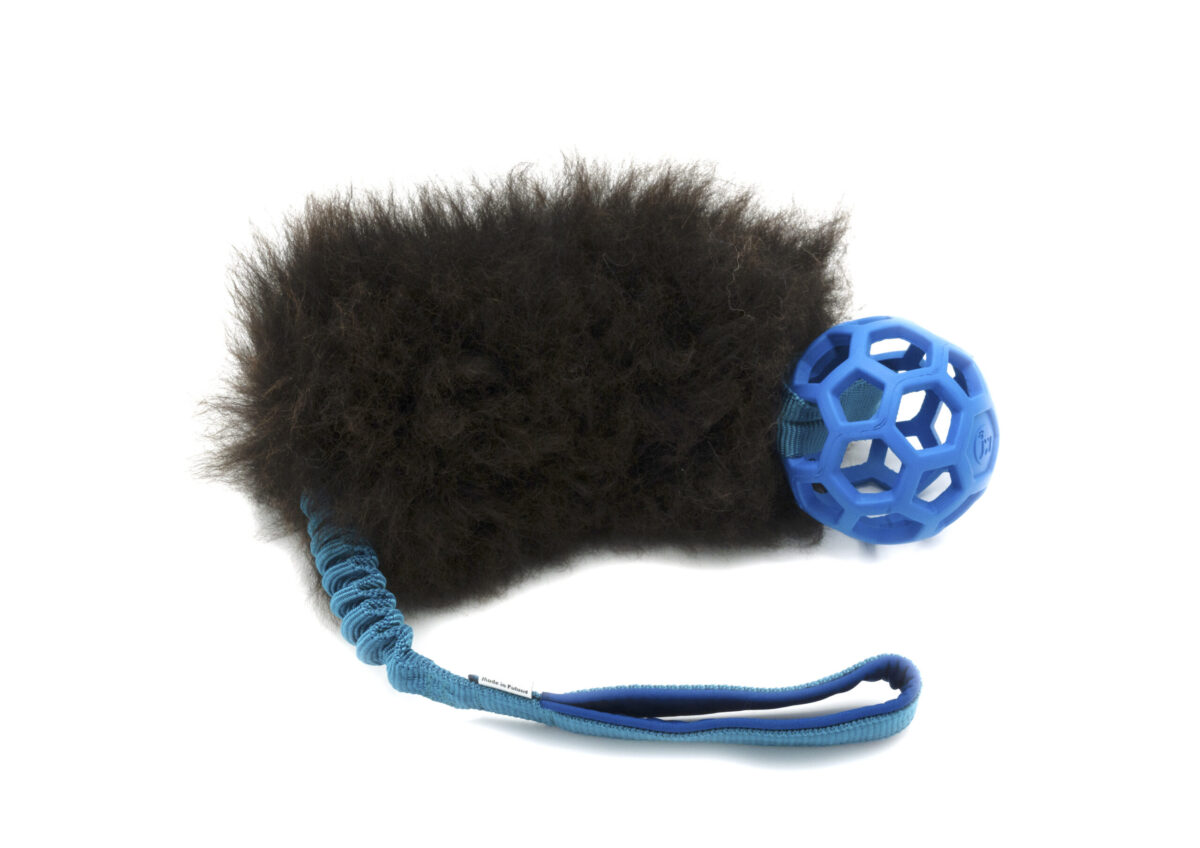 Afbeelding van het Wooly trekspeeltje van Zayma Craft, in de kleur blauw en in gebogen vorm.