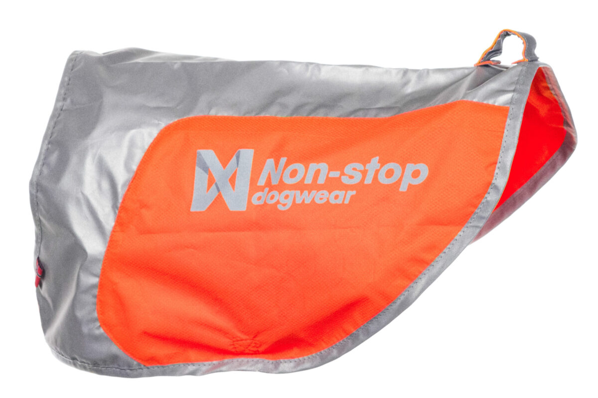 Productafbeelding van het non-stop dogwear fluovestje voor honden, met zicht op de linkerzijkant.