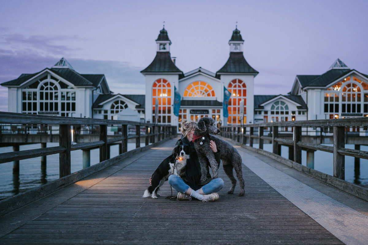 Vrouw geniet van een knuffel met haar honden op een pier in de avond, met een wit gebouw op de achtergrond en Orbiloc lampjes op de halsbanden.