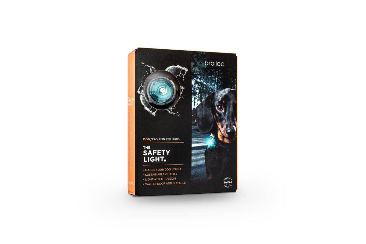 Verpakking Orbiloc Dog Dual LED veiligheidslicht turquoise.