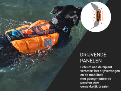 Zwemmende zwarte hond met reddingsvest. Extra informatie over de drijvende panelen van het Protector Life Jacket in het Nederlands zichtbaar op de foto.