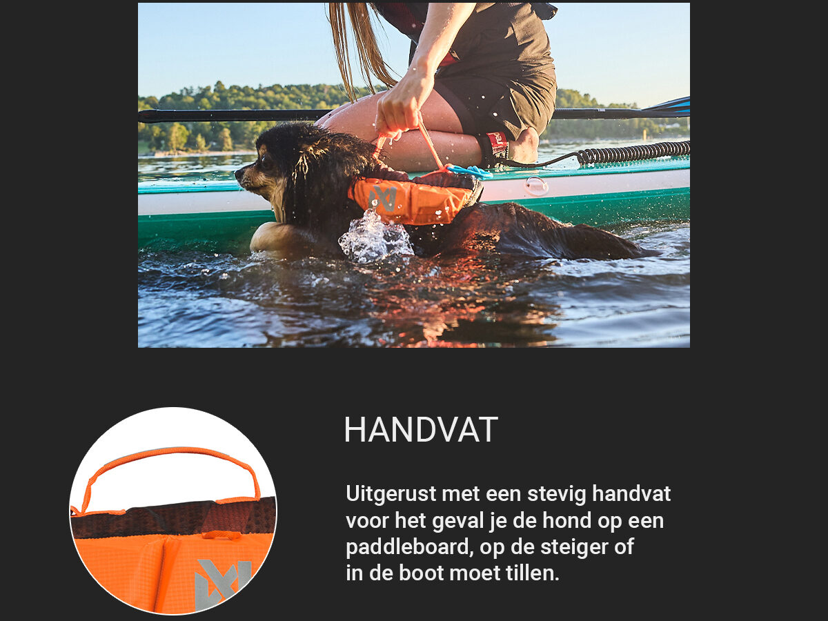 Dame op paddleboard tilt zwemmende pomeriaan met handvat van hondenzwemvest uit het water. Tekst met informatie over het handvat zichtbaar op de foto.