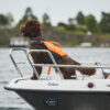 Bruine labradoodle op boeg van boot met zwemvest en tong uit.