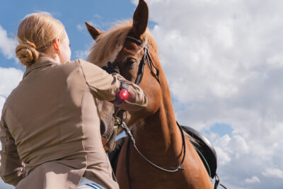 Vrouw aait paard op het hoofd, draagt Orbiloc armband met rood licht (sports kit) om haar arm.