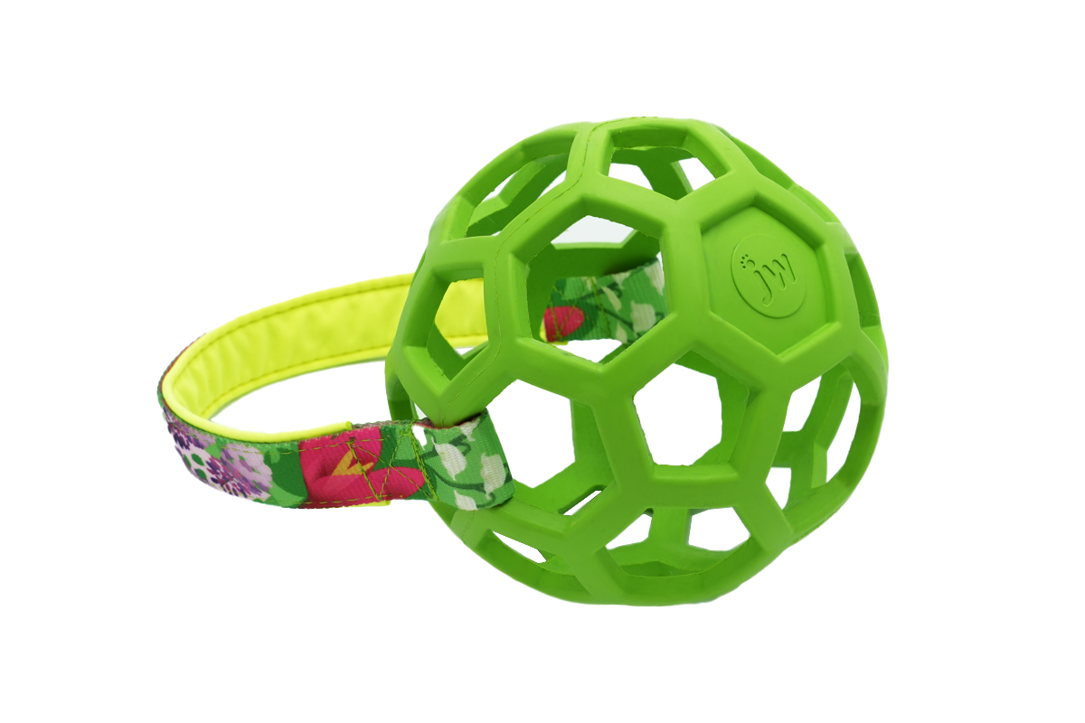 Productafbeelding van een zachte hondenbal met handvat (groene Hol-ee roller) met zacht gevoerd handvat.