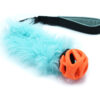 Agility tug toy with faux fur and chuckit breathe right ball, made by Zayma Craft. Orange ball, light blue faux fur and black handle.